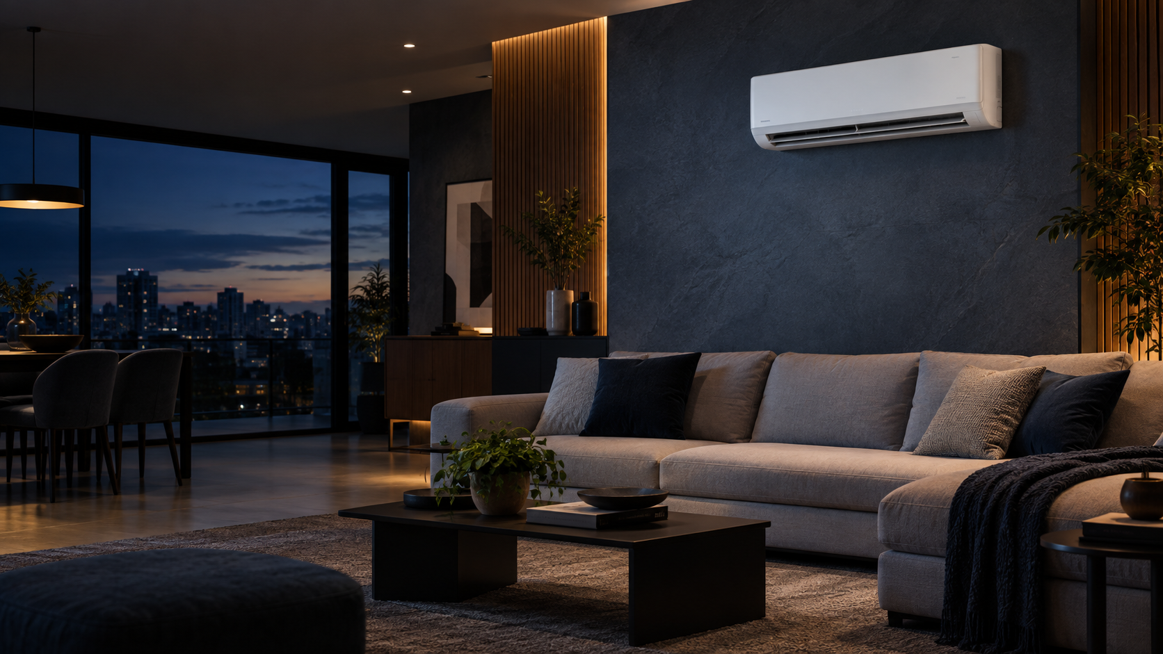 Sala contemporânea climatizada com aparelho split